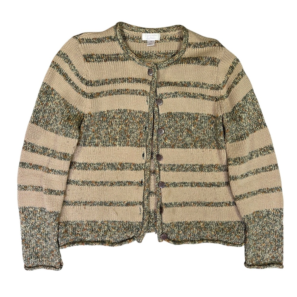 Christopher & Banks Womens Medium Striped Marled Knit Button Front Cardigan Tan